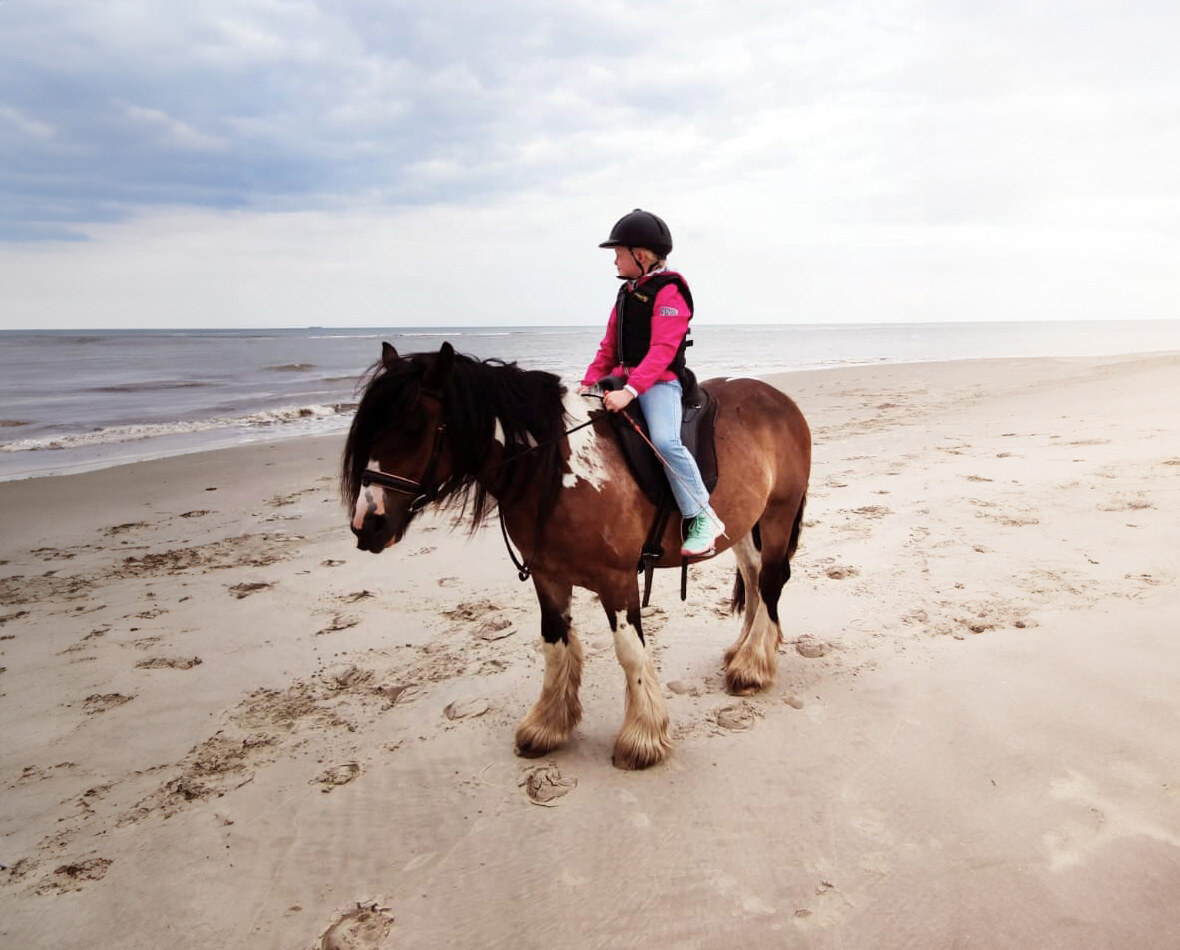 Inhaberin und Reittherapeutin Ilka Würdemann gemeinsam mit ihrem Therapiepferd am Strand