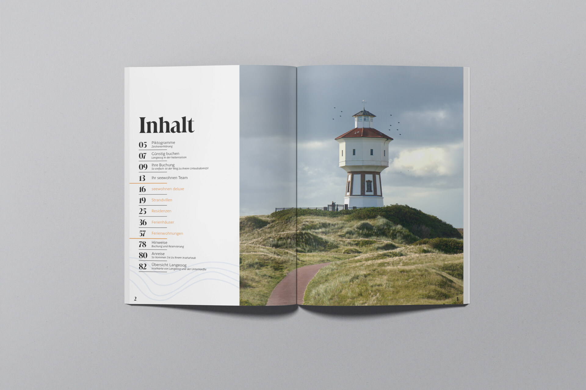 Aufgeschlagene Doppelseite des Magazins Seegewohnheiten mit Inhaltsverzeichnis und dem Langeooger Wasserturm in den Dünen