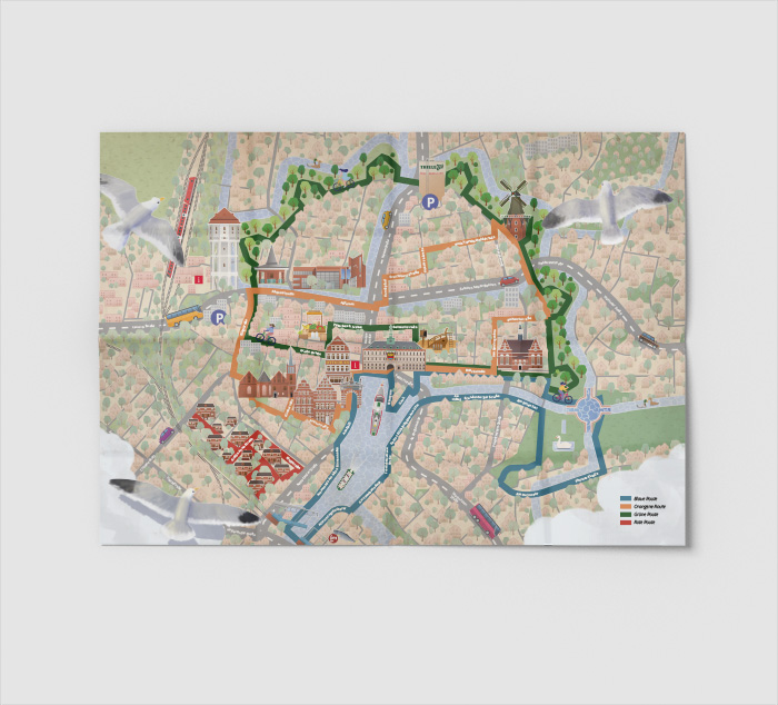 Komplett von Hand illustrierter touristischer Stadtplan für Emden Tourismus