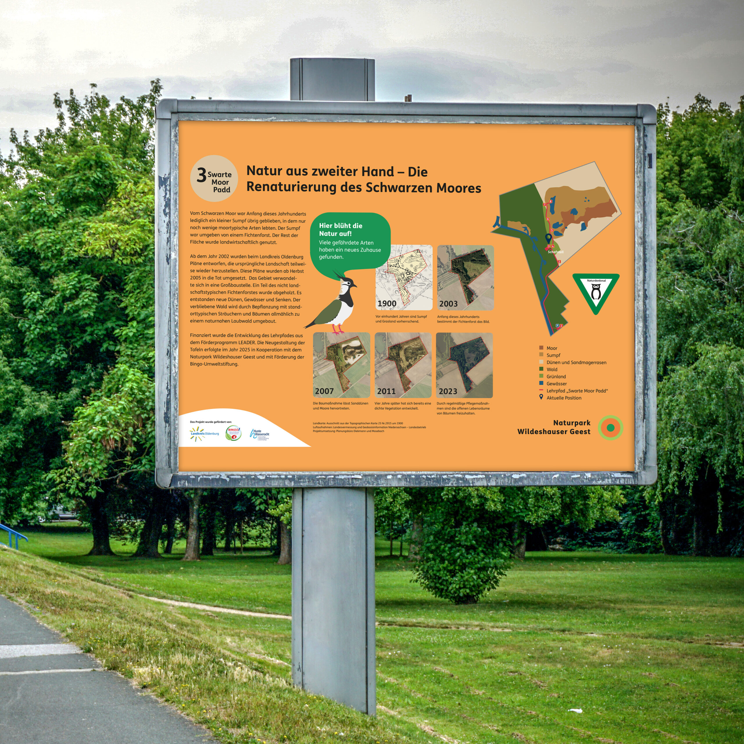 Infotafel Swarte Moor Padd im Landkreis Oldenburg / Naturpark Wildeshauser Geest mit Förderhinweisen