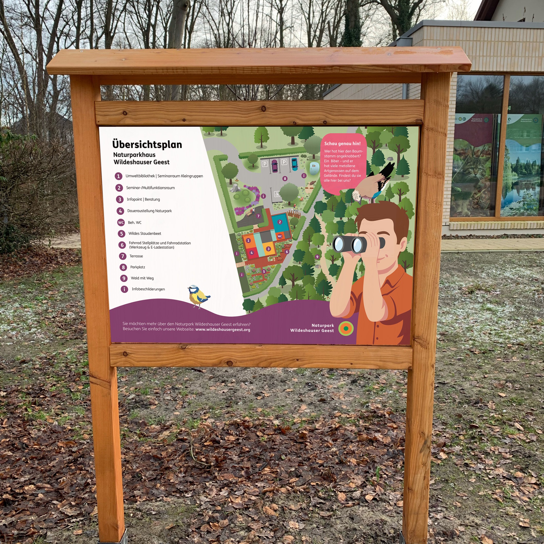 Holz-Übersichtskarte und Infotafel im Landkreis Oldenburg und Naturpark Wildeshauser Geest