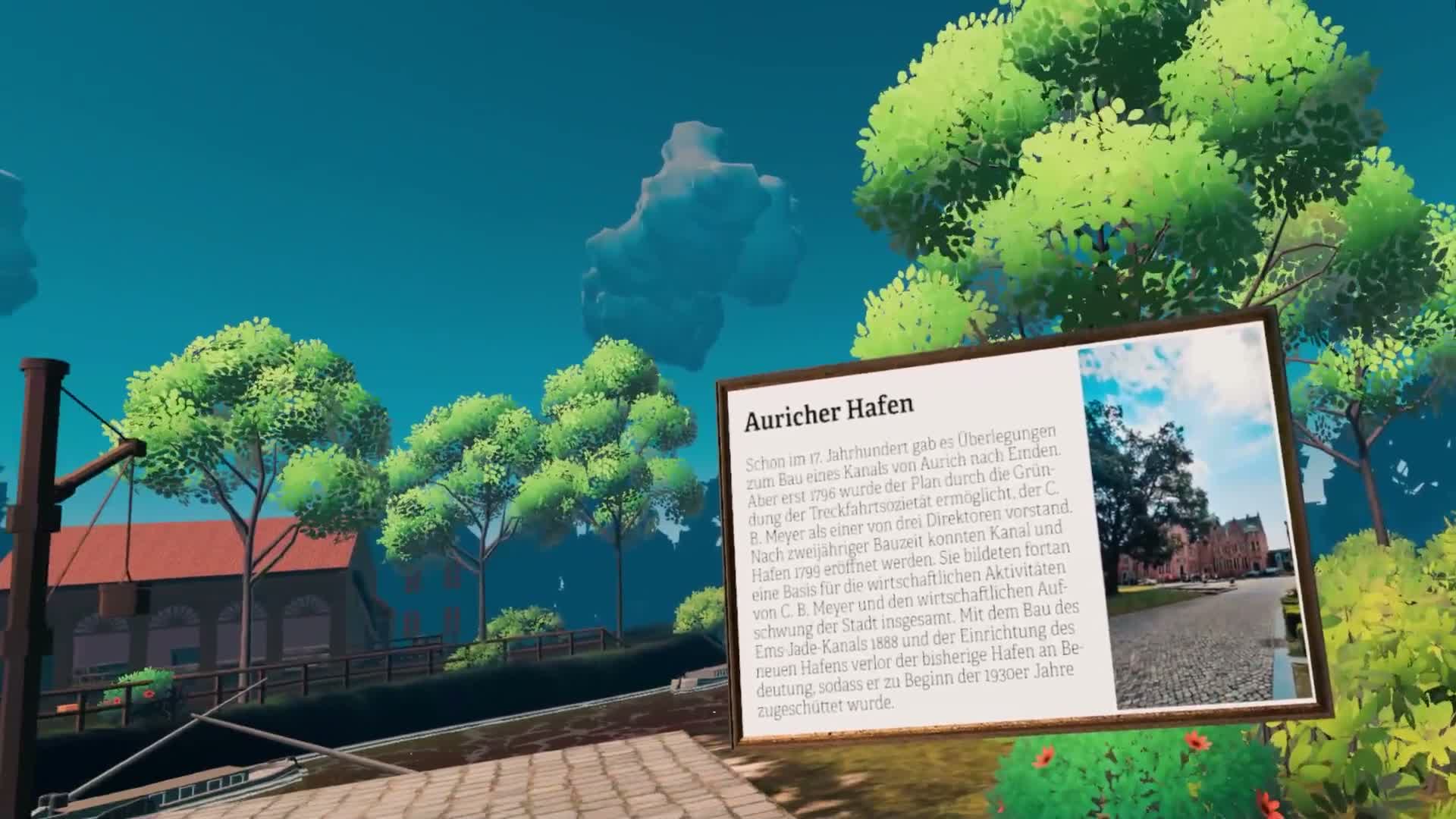 In-Engine VR-Screenshot: Historischer Auricher Hafen um 1800 mit interaktiver schwebender Infotafel in der Virtual-Reality-Umgebung