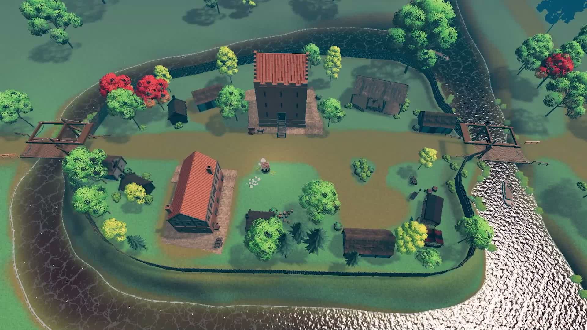 In-Engine VR-Screenshot: 3D-Rekonstruktion der mittelalterlichen Wasserburg tom Brok mit Zugbrücken und Wehrturm