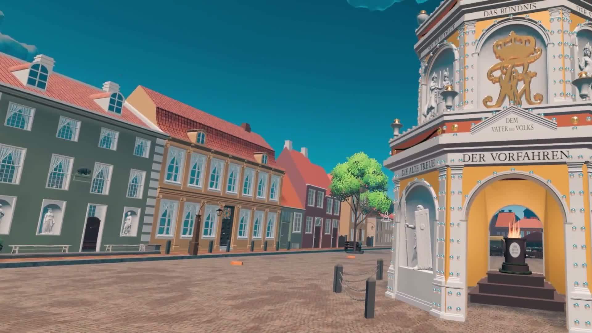 In-Engine VR-Screenshot: Historischer Marktplatz Aurich mit dem Ehrentempel von 1786 und den klassizistischen Bauten von C. B. Meyer