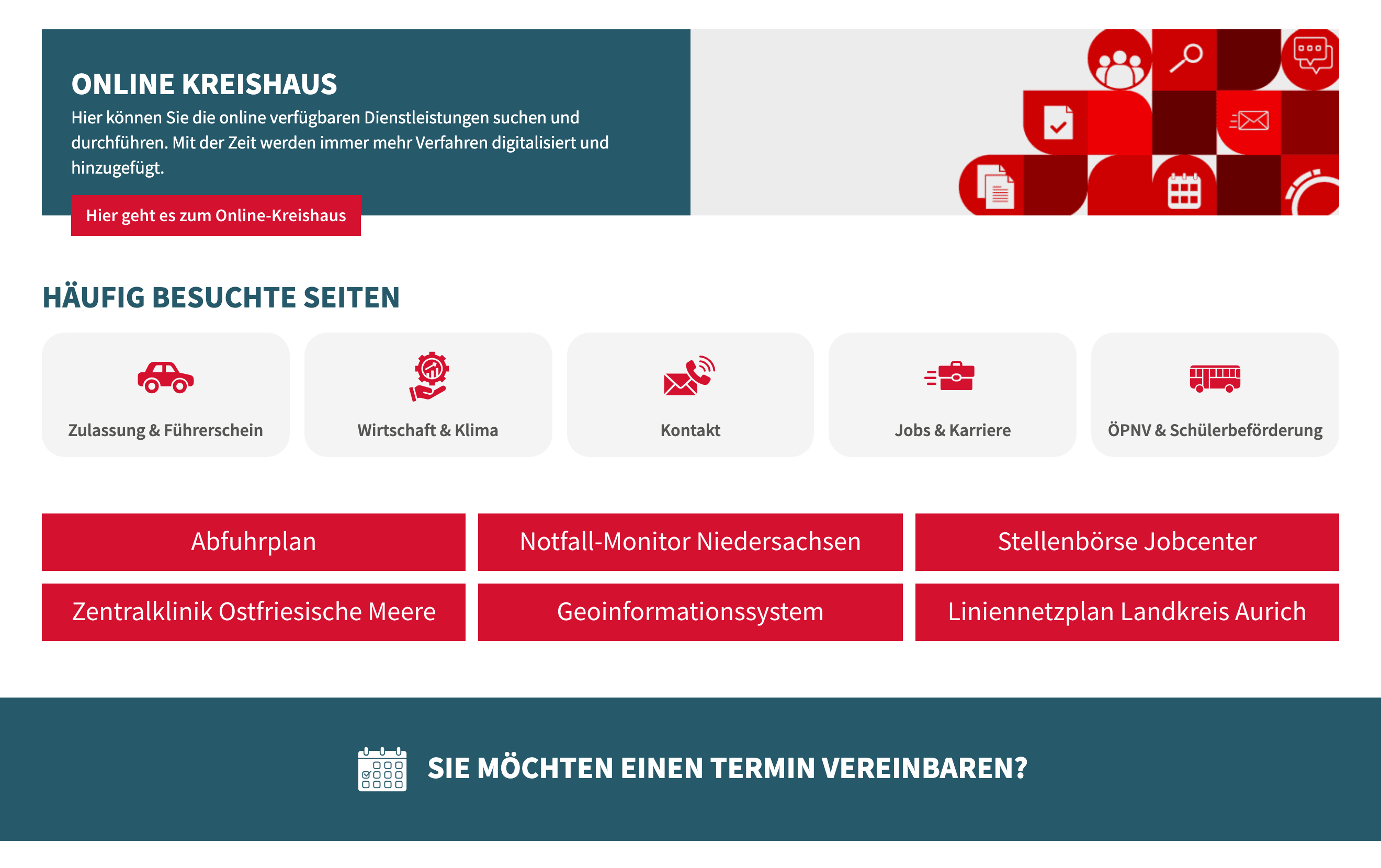 Schnelleinstieg und Online-Kreishaus auf der Website des Landkreises Aurich