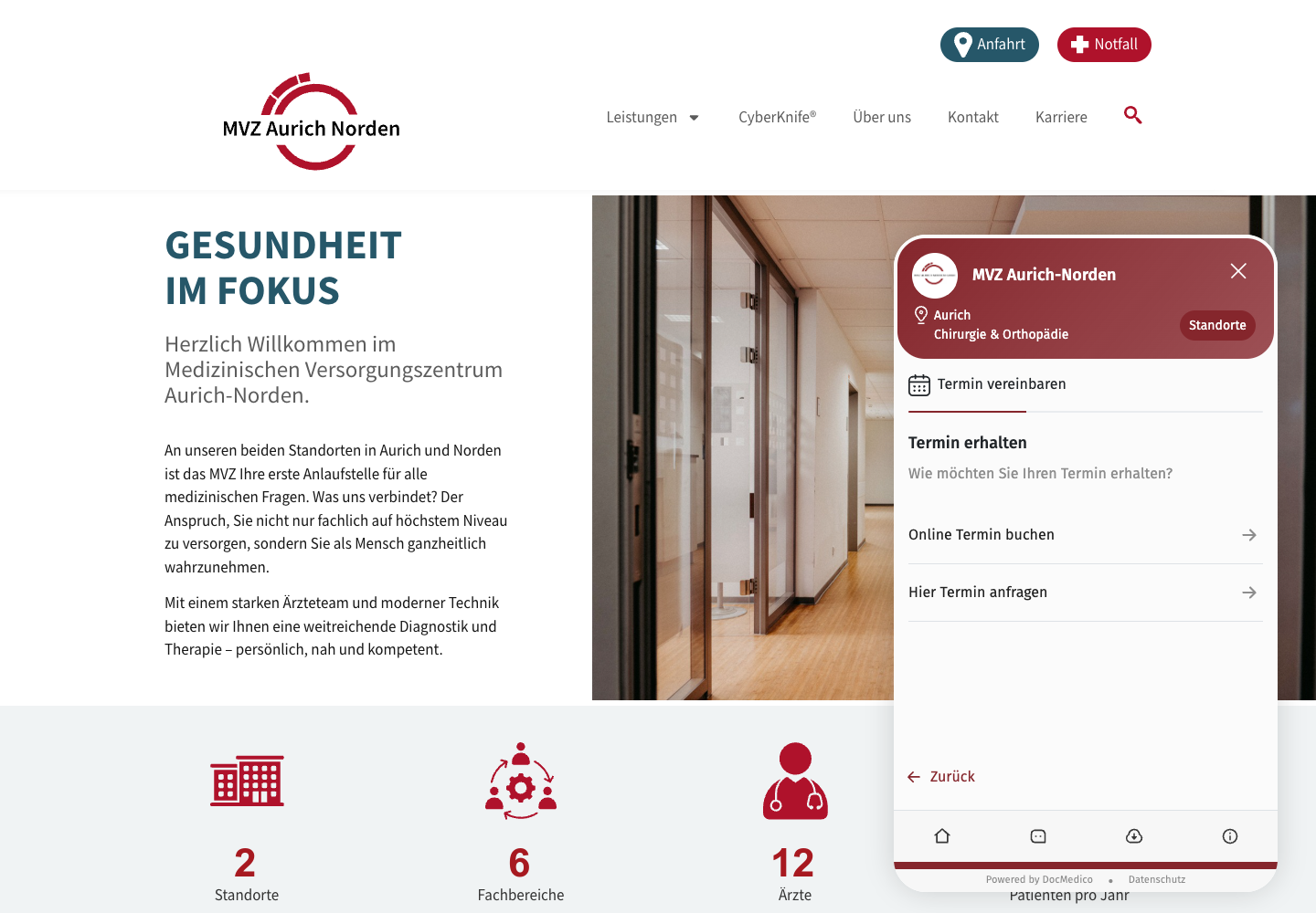 MVZ Aurich-Norden Website mit geöffneter Docmedico Online-Rezeption