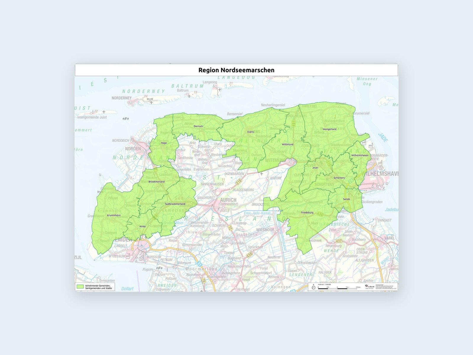 Gebietskarte und Markenauftritt der LEADER-Region Nordseemarschen für die Küstenkommunen
