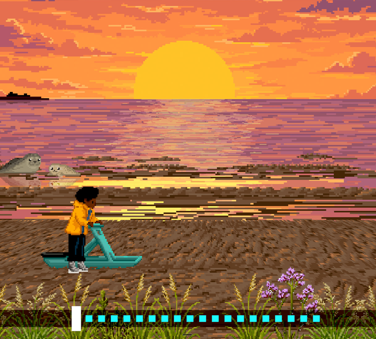 Handgepixeltes Retro-Videospiel Ostfriesland Games – Disziplin Schlickschlittenrennen im Wattenmeer vor dem Sonnenuntergang
