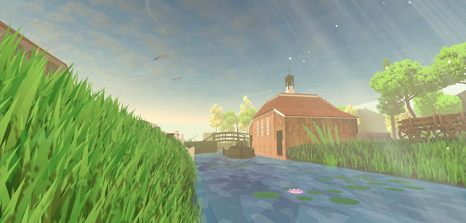 In-Engine Unity-VR-Screenshot: Pingelhus am Treckfahrtskanal um 1820