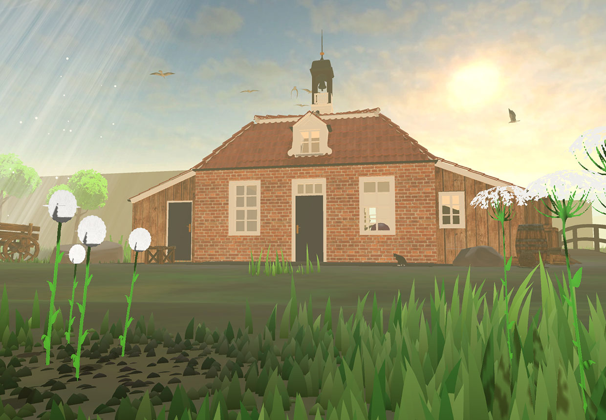 In-Engine Unity-VR-Screenshot aus Pingelhus VR mit historischem Zollhaus, Sonnenstrahlen und Hafenanlage