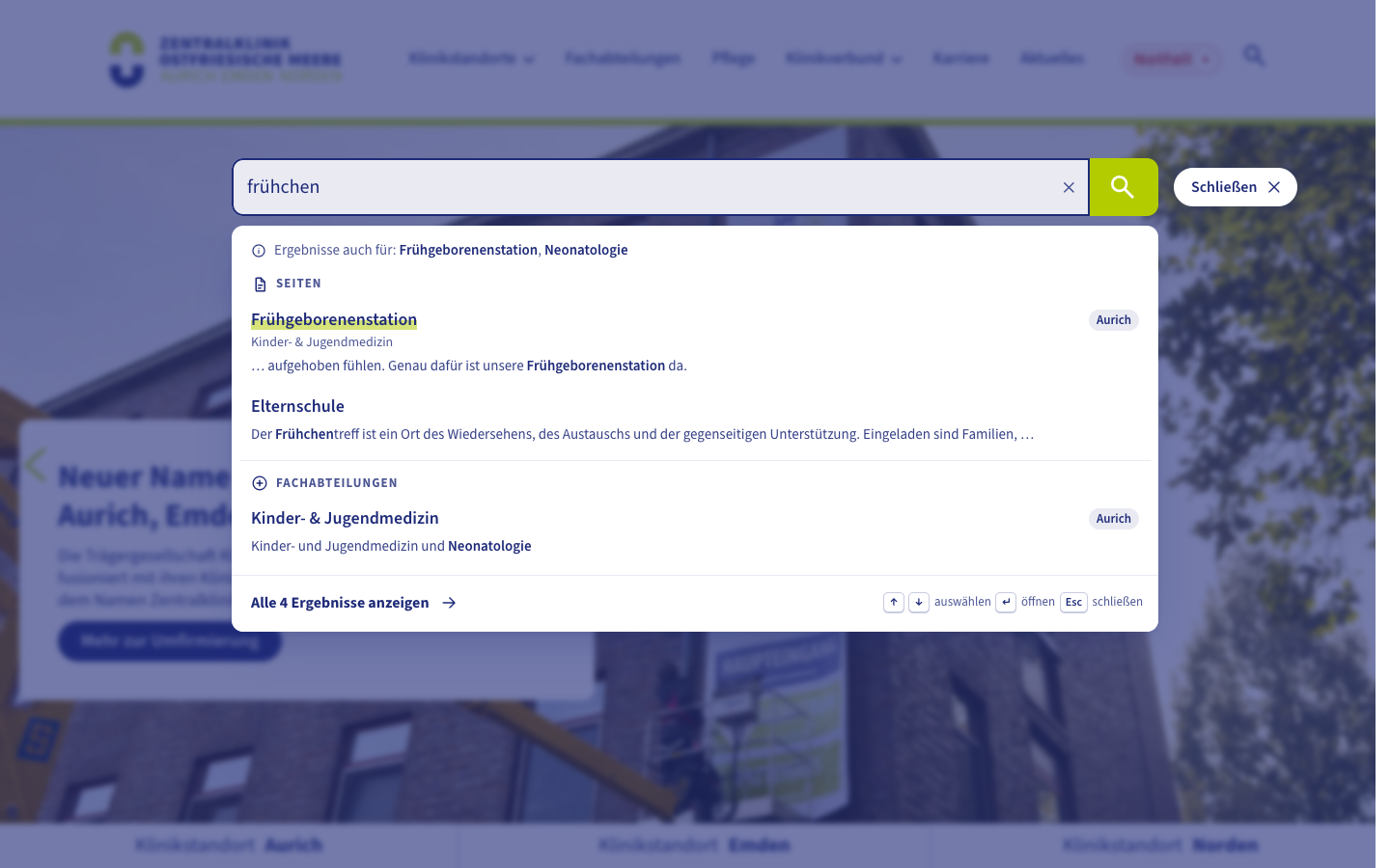 Zentralklinik Livesuche – Eingabe frühchen findet Frühgeborenenstation und Neonatologie