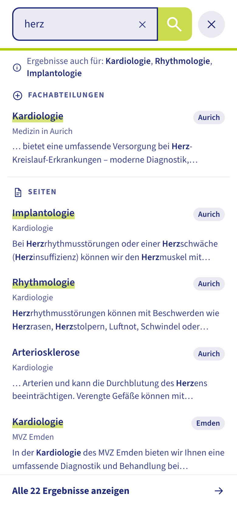 Mobile Livesuche auf dem Smartphone bei Eingabe herz
