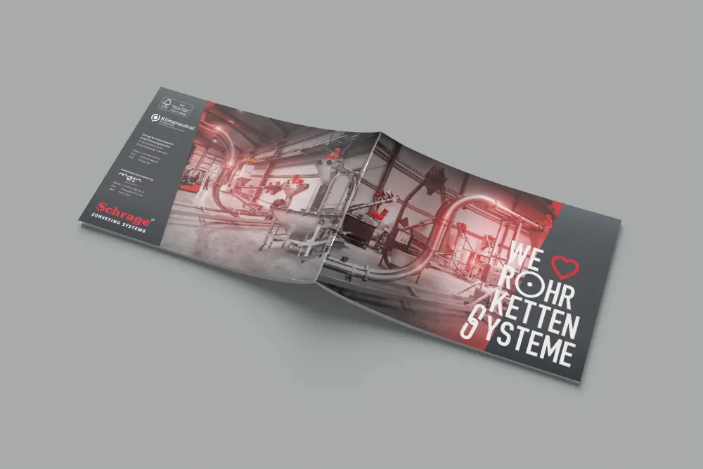 Gedruckte B2B-Broschüre mit Silber-Kaltfolienveredelung für Schrage Conveying Systems