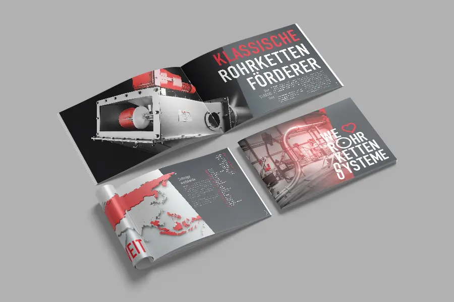 Zweisprachige B2B-Broschüre mit 3D-Rohrkettenförderer und Weltkarte für Schrage Conveying Systems