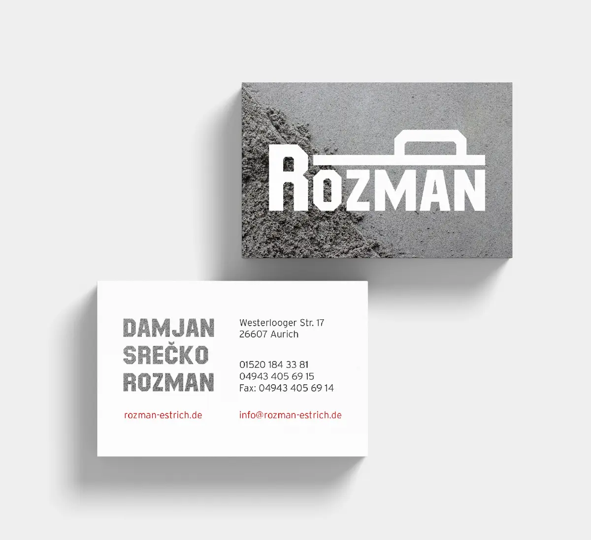 Logo mit Reibebrett-Griff und Visitenkarten in Beton-Optik für Rozman Estricharbeiten in Aurich