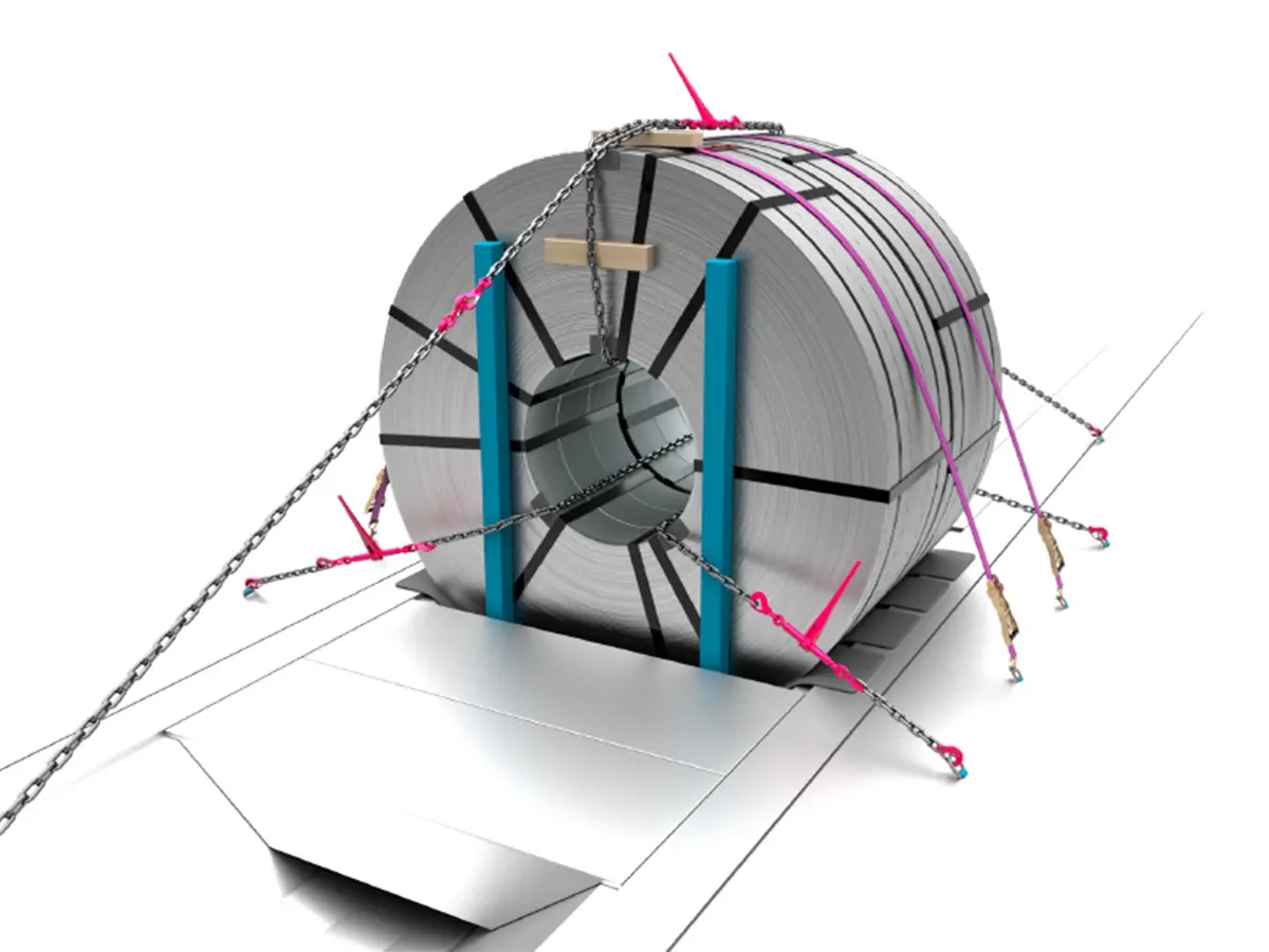 Technische 3D-CAD-Visualisierung zur Ladungssicherung schwerer Stahlcoils für Thyssenkrupp