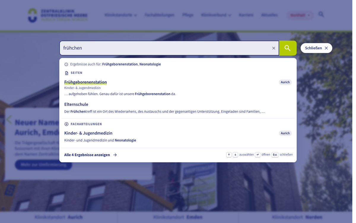 Zentralklinik Livesuche – Eingabe frühchen findet Frühgeborenenstation und Neonatologie