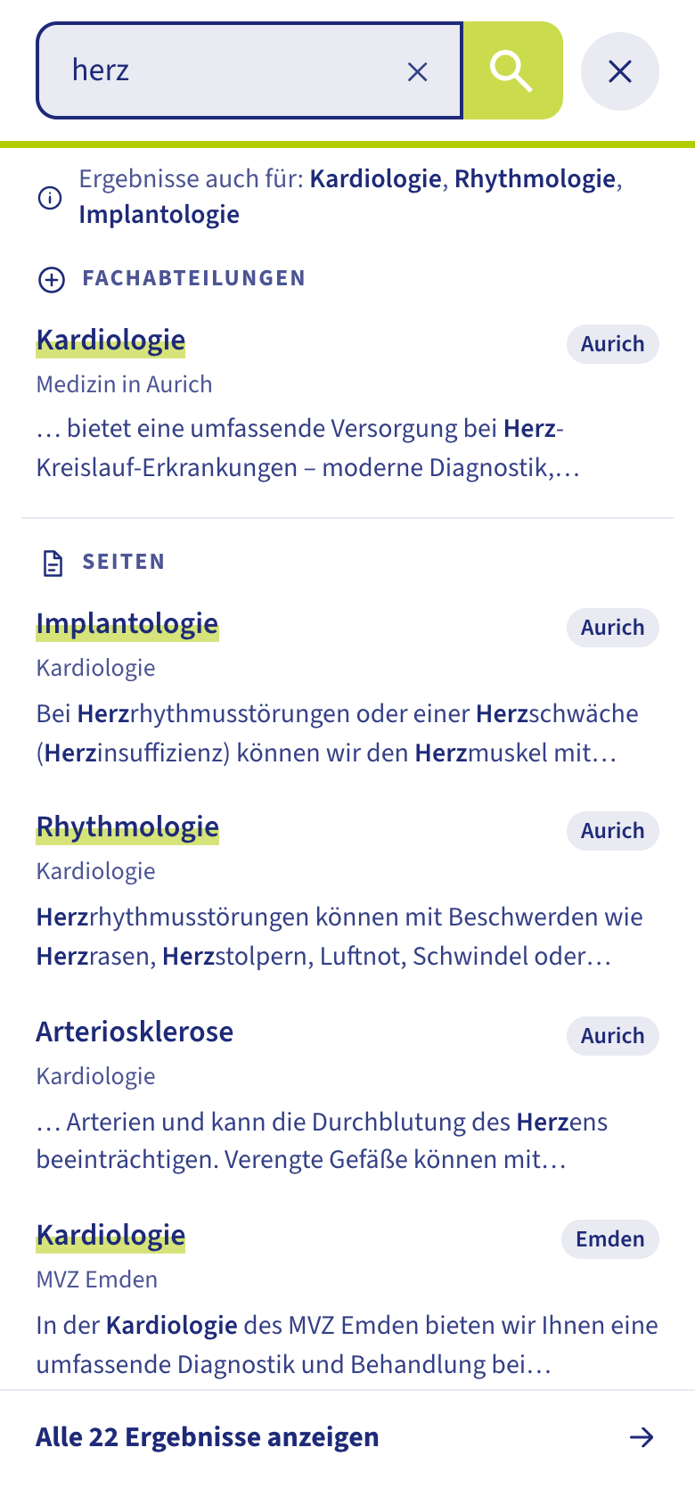 Mobile Livesuche auf dem Smartphone bei Eingabe herz